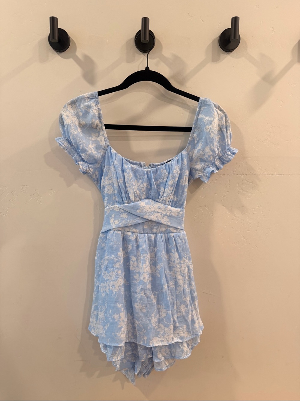 Light Blue Floral Lace Romper with Tie Back
